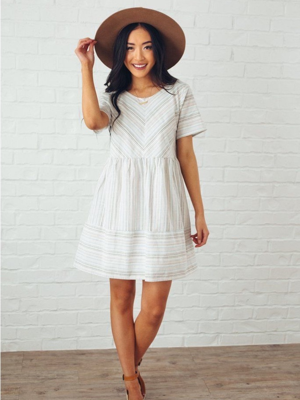 Altar'd State White Striped Short Sleeve Babydoll Dress